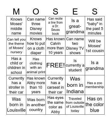 Moses Bingo Card