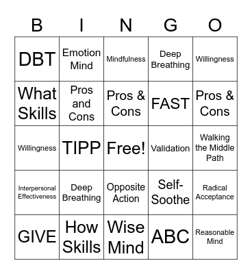 DBT Skills Bingo! Bingo Card