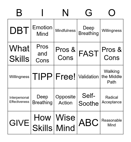 DBT Skills Bingo! Bingo Card