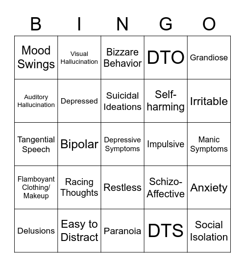 Schizoaffective Bipolar Bingo Card