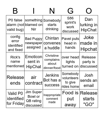 S85 Release Night Bingo Card