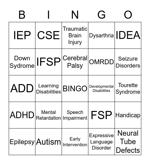 Developmental Disabilities Bingo Card