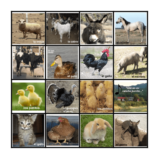 Los animales de la granja (Farm Animals) Bingo Card