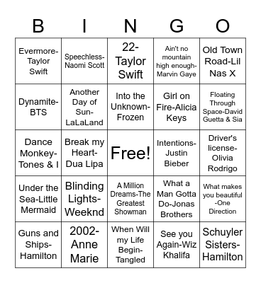 Songs Bingo Card