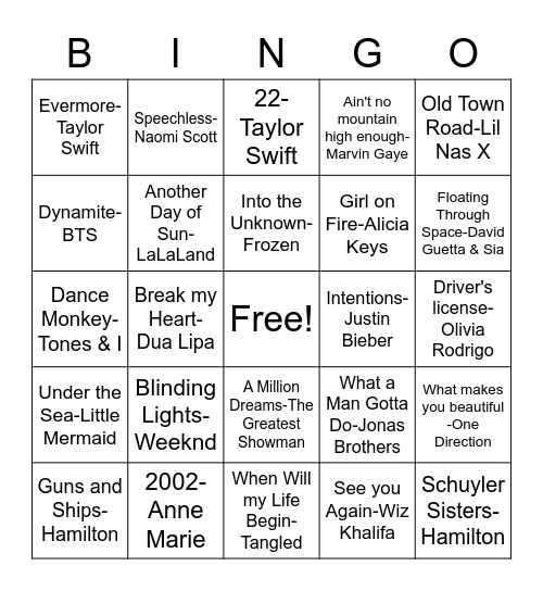 Songs Bingo Card