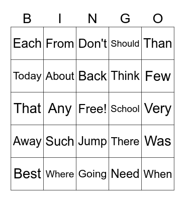 Snap Word Bingo Card