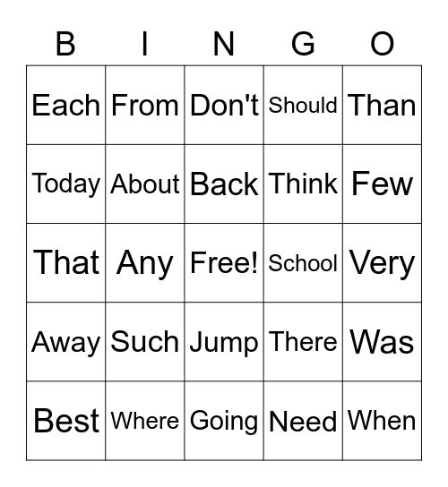 Snap Word Bingo Card