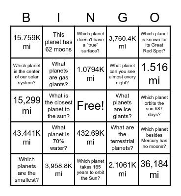 Solar System Bingo Card