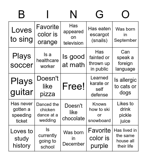 Get to Know You Bingo Card