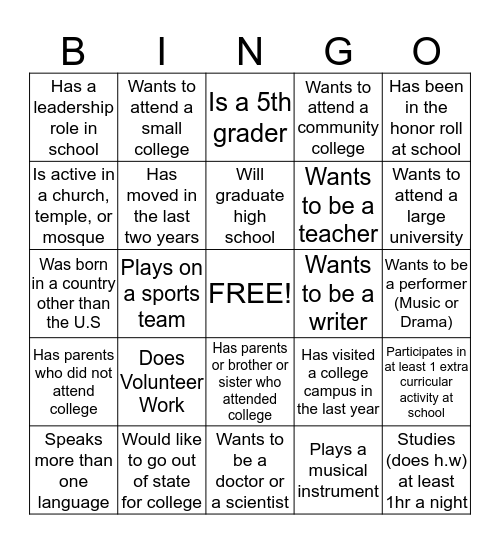 Career awareness Bingo Card