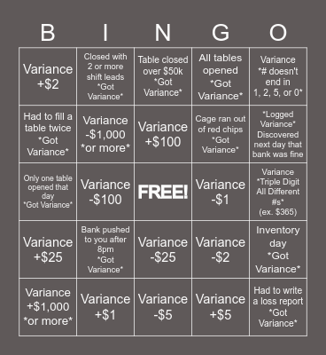 Casino Miami Variance BINGO Card