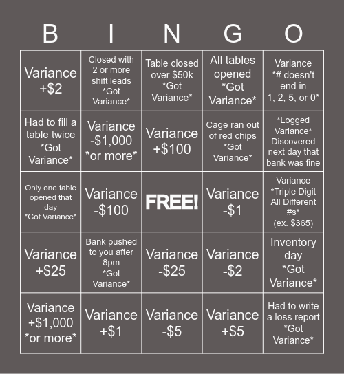 Casino Miami Variance BINGO Card