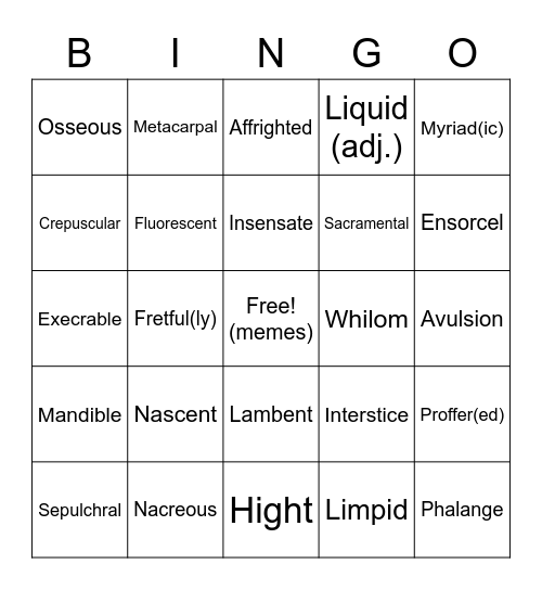 TLT Vocabulary Bingo Card