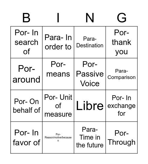 Por o Para Bingo Card