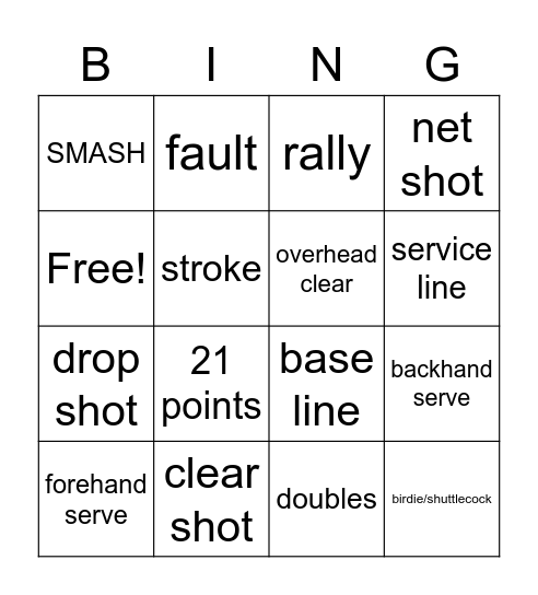 Badminton Vocab Bingo Card