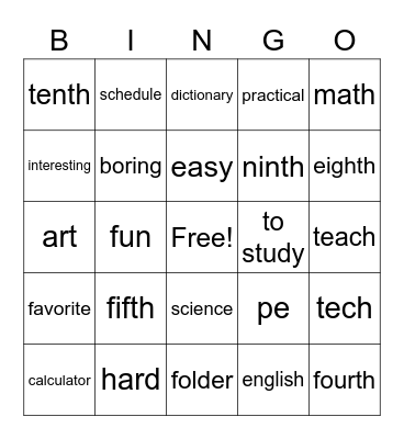 school Bingo Card