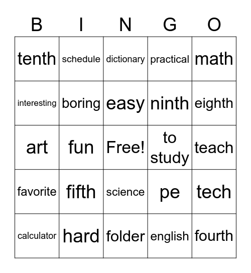 school Bingo Card