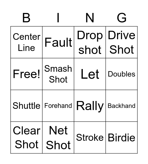 Badminton Bingo Card