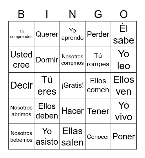 ER/IR Verbos Bingo Card