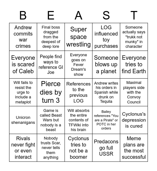 BEAST WAAAARRRRSSS!!!!!!!! Bingo Card