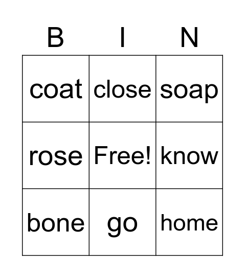 Long O Bingo Card