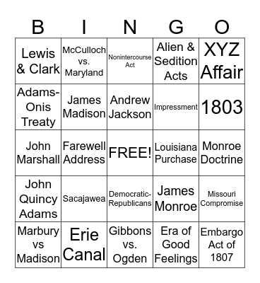 Early Republic Bingo Card