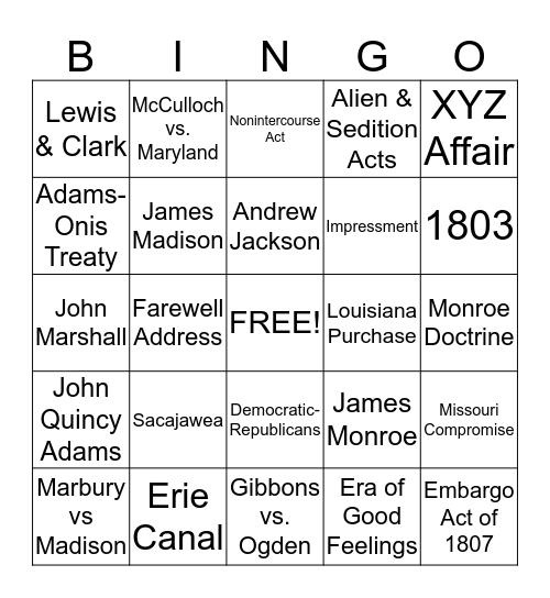 Early Republic Bingo Card