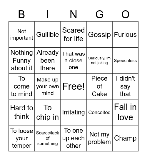 ASL Idioms Bingo Card