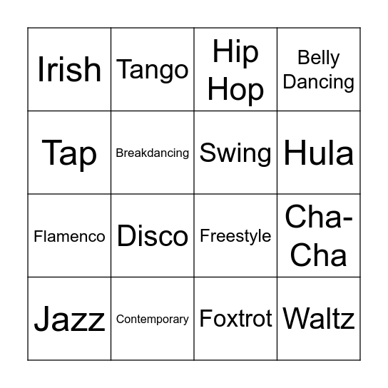 Dance Bingo Card