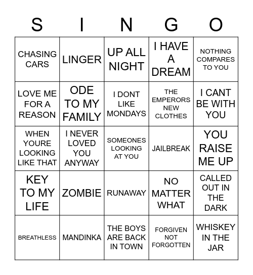 615 BEST OF IRISH ARTISTS Bingo Card