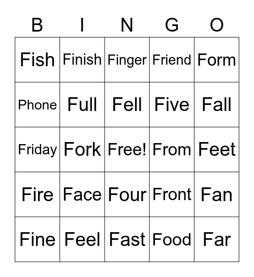 F words Bingo Card