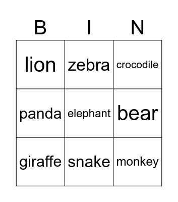 zoo animals Bingo Card