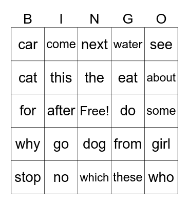 Sight Words Bingo Card