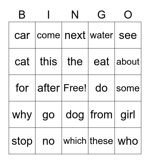 Sight Words Bingo Card