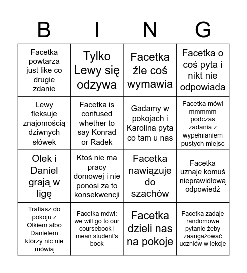 English bingo Card