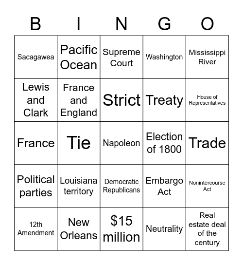 Thomas Jefferson Bingo Card