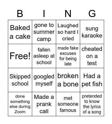 Never have I ever Bingo Card