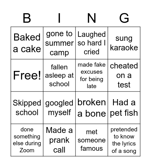 Never have I ever Bingo Card