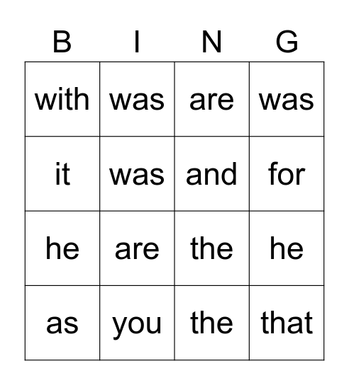 Sight Words Bingo Card