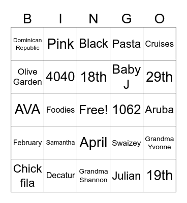 Baby J Bingo Card