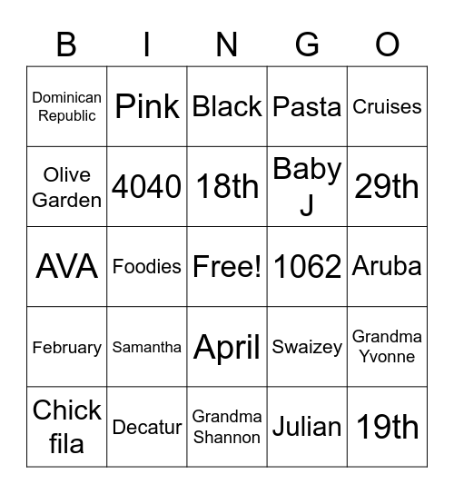 Baby J Bingo Card