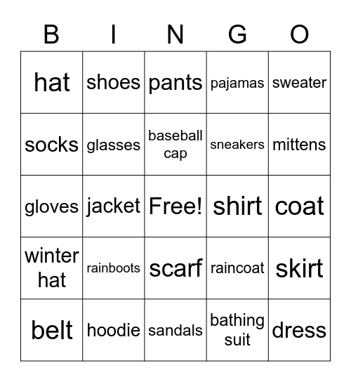 Clothes French  MB Bingo Card