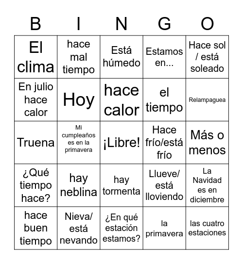 el tiempo Bingo Card