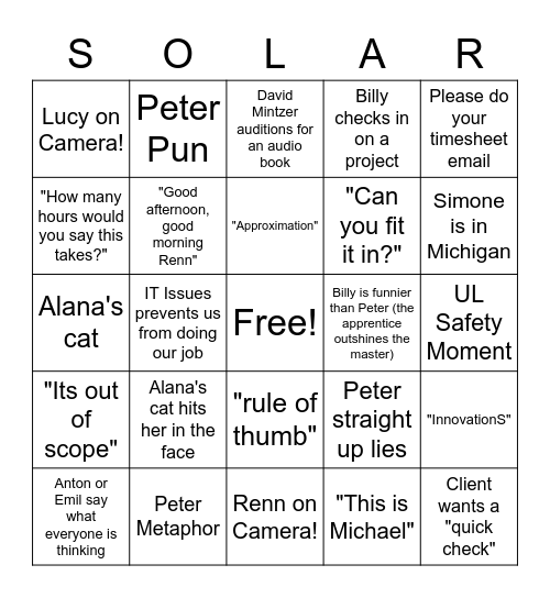 Solar Energy Team Bingo Card