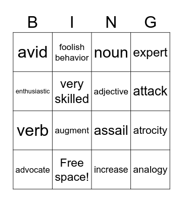 Group 1 Week 12 Vocab Bingo Card