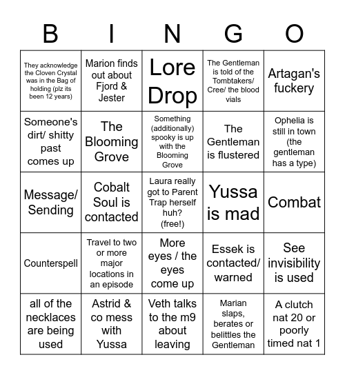 Critical Role Episode 130 Bingo Card