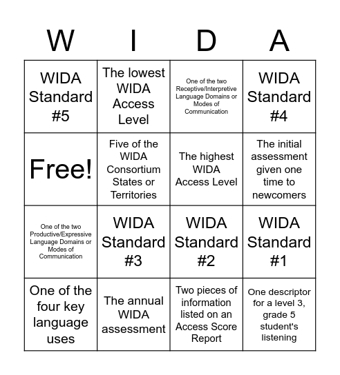 WIDA Scavenger Hunt Bingo Card