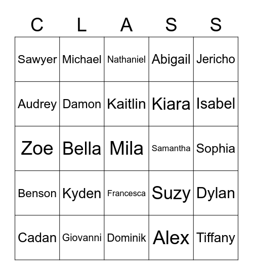 Class Names Bingo Card