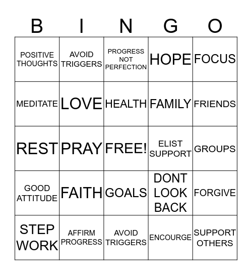 RECOVERY BINGO Card