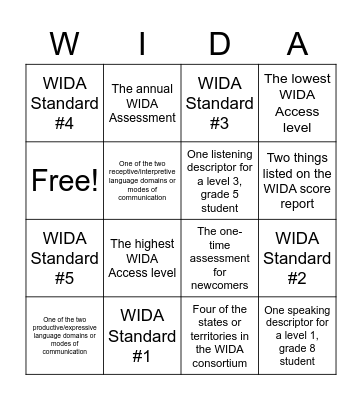 WIDA Scavenger Hunt Bingo Card